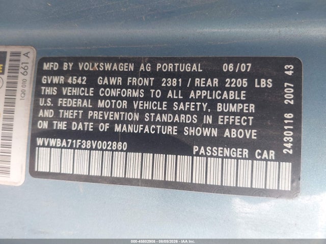 45802908 :رقم المزاد ، WVWBA71F38V002860 vin ، 2008 Volkswagen Eos Komfort/turbo مزاد بيع