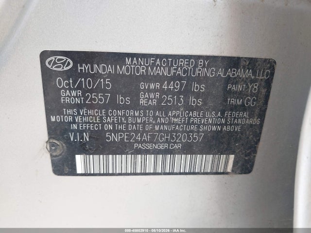 Aukcja sprzedaży 2016 Hyundai Sonata Se, vin: 5NPE24AF7GH320357, numer aukcji: 45802910