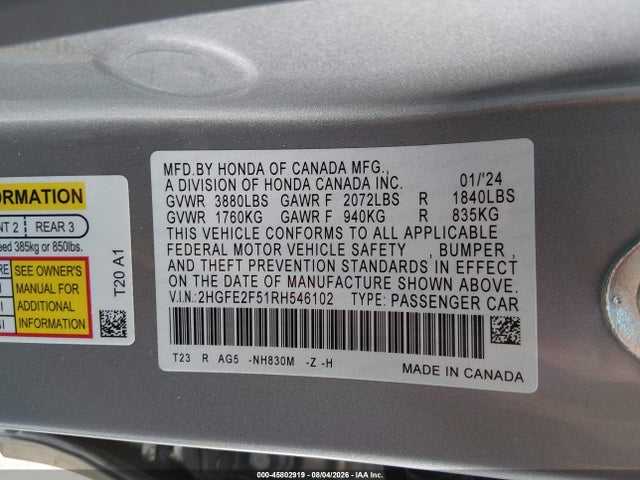 2HGFE2F51RH546102 Honda Civic Sport