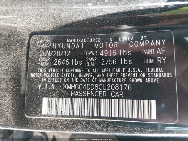2012 Hyundai Genesis 3.8 მანქანა იყიდება აუქციონზე, vin: KMHGC4DD8CU208176, აუქციონის ნომერი: 45802922