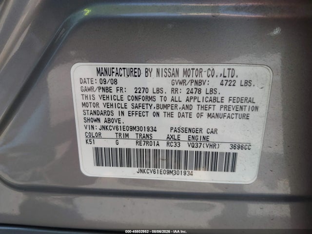 45802952 :رقم المزاد ، JNKCV61E09M301934 vin ، 2009 Infiniti G37 Journey مزاد بيع