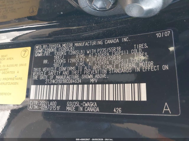 45802957 :رقم المزاد ، 2T2HK31U18C084634 vin ، 2008 Lexus Rx 350 مزاد بيع
