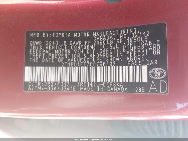 45802967 :رقم المزاد ، 2T1BU4EE7CC796197 vin ، 2012 Toyota Corolla S مزاد بيع