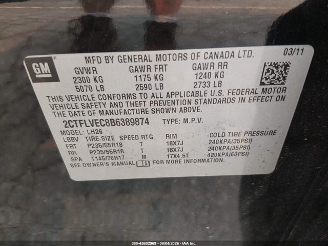 45802969 :رقم المزاد ، 2CTFLVEC8B6389874 vin ، 2011 Gmc Terrain Slt-1 مزاد بيع