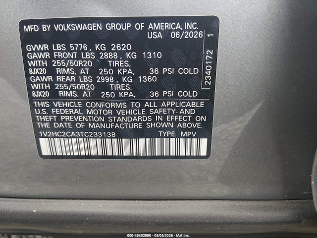 45802990 :رقم المزاد ، 1V2HC2CA3TC233138 vin ، 2026 Volkswagen Atlas Cross Sport Se With Technology مزاد بيع