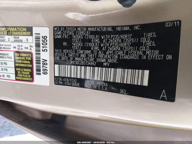 Aukcja sprzedaży 2011 Toyota Sienna Le V6, vin: 5TDKK3DC2BS134842, numer aukcji: 45802997