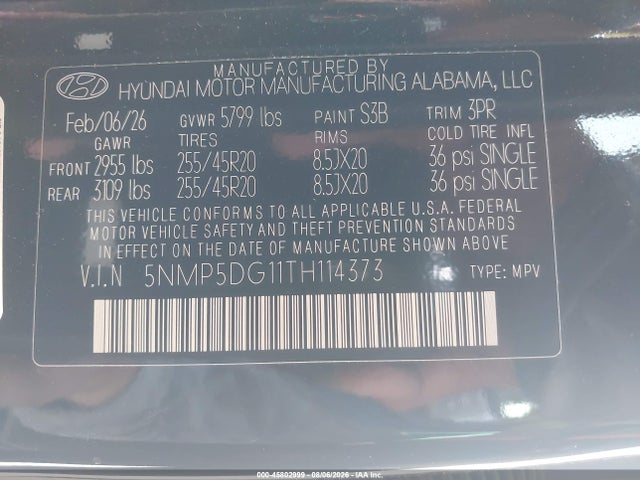 45802999 :رقم المزاد ، 5NMP5DG11TH114373 vin ، 2026 Hyundai Santa Fe Hybrid Calligraphy مزاد بيع