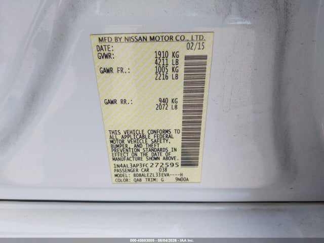 45803005 :رقم المزاد ، 1N4AL3AP3FC272595 vin ، 2015 Nissan Altima 2.5 S مزاد بيع