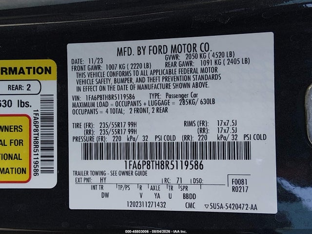 45803006 :رقم المزاد ، 1FA6P8TH8R5119586 vin ، 2024 Ford Mustang Ecoboost Fastback مزاد بيع