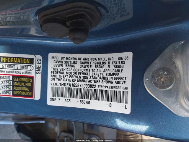 Продажа на аукционе авто 2007 Honda Civic Lx, vin: 1HGFA16587L003822, номер лота: 45803020