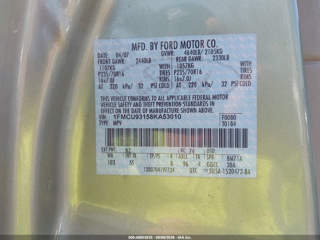 Продажа на аукционе авто 2008 Ford Escape Xlt, vin: 1FMCU93158KA53010, номер лота: 45803035