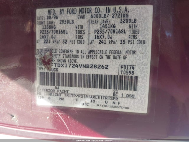 Продаж на аукціоні авто 1997 Ford F-150 Standard Standard/xl/xlt, vin: 1FTDX1724VNB28262, номер лоту: 45803054