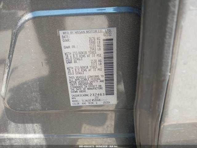 Продажа на аукционе авто 2022 Nissan Pathfinder Sl 2wd, vin: 5N1DR3CA8NC237463, номер лота: 45803075