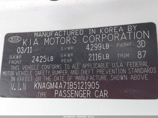 Продажа на аукционе авто 2011 Kia Optima Lx, vin: KNAGM4A71B5121905, номер лота: 45803079
