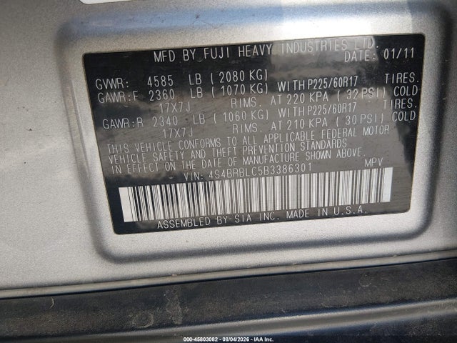 Aukcja sprzedaży 2011 Subaru Outback 2.5i Limited, vin: 4S4BRBLC5B3386301, numer aukcji: 45803082