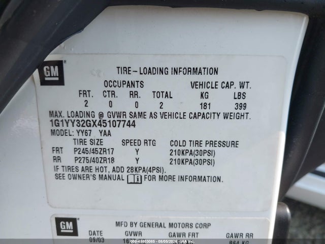 2004 Chevrolet Corvette მანქანა იყიდება აუქციონზე, vin: 1G1YY32GX45107744, აუქციონის ნომერი: 45803085