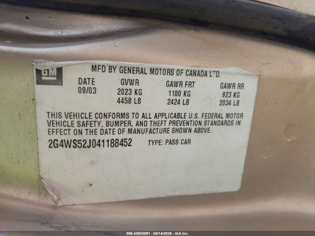2004 Buick Century მანქანა იყიდება აუქციონზე, vin: 2G4WS52J041188452, აუქციონის ნომერი: 45803091
