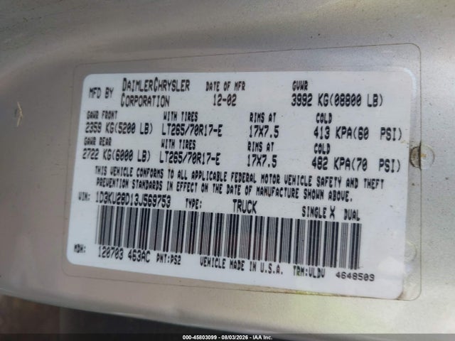 Продаж на аукціоні авто 2003 Dodge Ram 2500 Slt/laramie/st, vin: 1D3KU28D13J569753, номер лоту: 45803099
