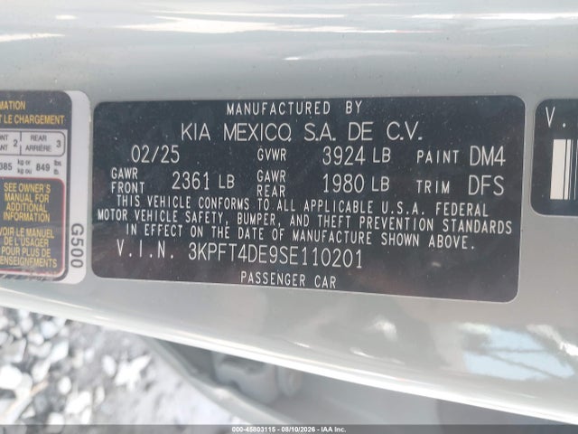 Продаж на аукціоні авто 2025 Kia K4 Lxs, vin: 3KPFT4DE9SE110201, номер лоту: 45803115