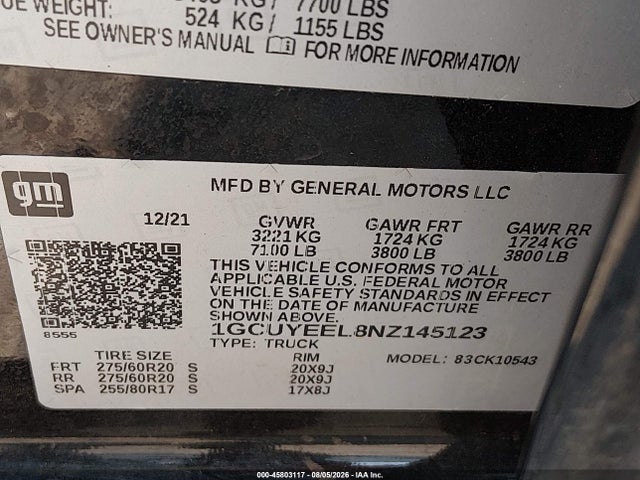 Aukcja sprzedaży 2022 Chevrolet Silverado 1500 Ltd, vin: 1GCUYEEL8NZ145123, numer aukcji: 45803117