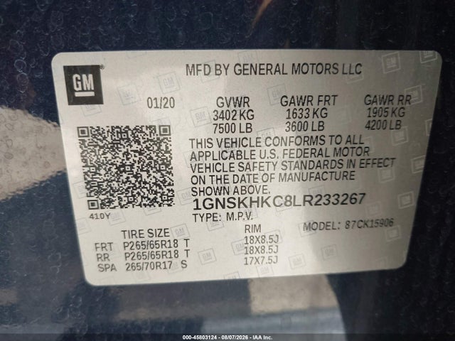 2020 Chevrolet Suburban 4wd Lt მანქანა იყიდება აუქციონზე, vin: 1GNSKHKC8LR233267, აუქციონის ნომერი: 45803124