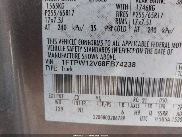Продаж на аукціоні авто 2008 Ford F-150 Xlt, vin: 1FTPW12V68FB74238, номер лоту: 45803137