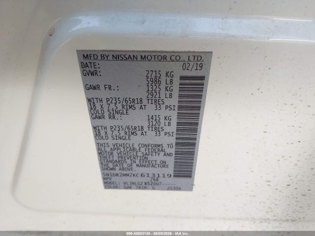 Nissan Pathfinder Sl 2019 5N1DR2MM2KC613119 Image 9