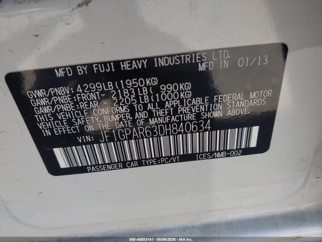 Продаж на аукціоні авто 2013 Subaru Impreza 2.0i Sport Limited, vin: JF1GPAR63DH840634, номер лоту: 45803141