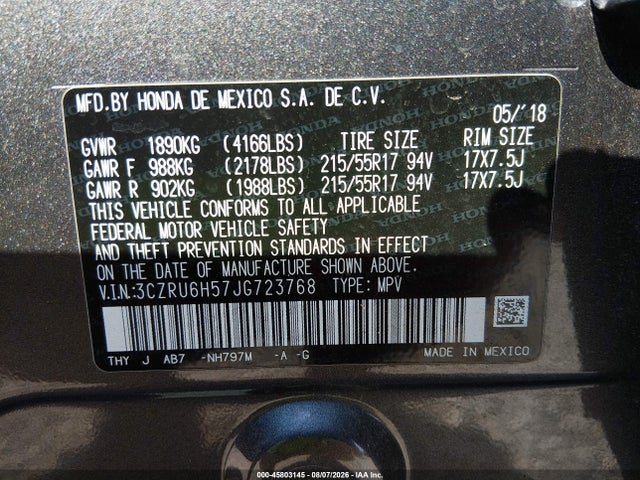 2018 Honda Hr-v Ex მანქანა იყიდება აუქციონზე, vin: 3CZRU6H57JG723768, აუქციონის ნომერი: 45803145