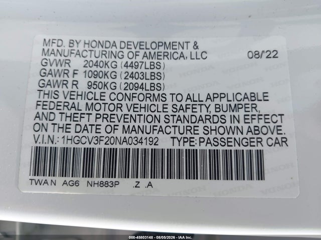 Aukcja sprzedaży 2022 Honda Accord Hybrid Sport, vin: 1HGCV3F20NA034192, numer aukcji: 45803148