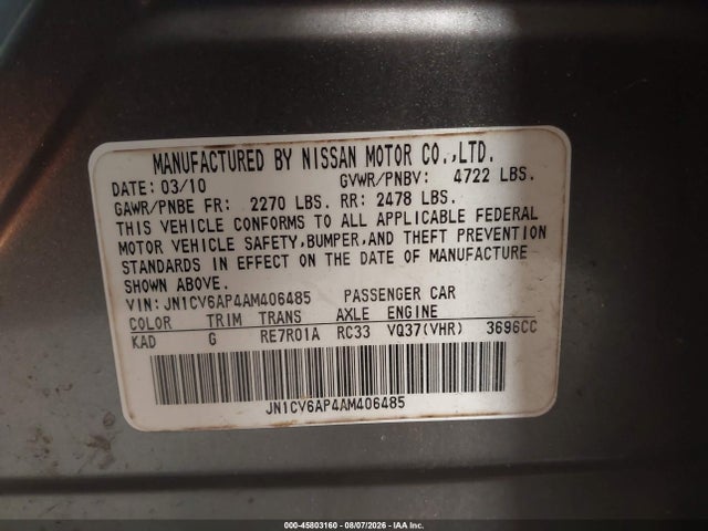 45803160 :رقم المزاد ، JN1CV6AP4AM406485 vin ، 2010 Infiniti G37 Journey مزاد بيع