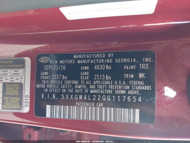 5XXGW4L22GG117654 KIA Optima Sx Turbo