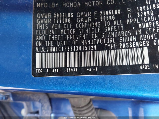 2018 Honda Civic Ex-t მანქანა იყიდება აუქციონზე, vin: JHMFC1F32JX015129, აუქციონის ნომერი: 45803165