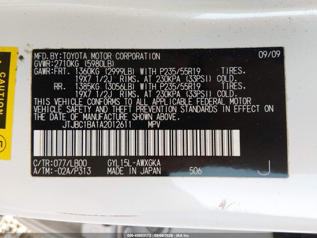 Aukcja sprzedaży 2010 Lexus Rx 450h, vin: JTJBC1BA1A2012611, numer aukcji: 45803172