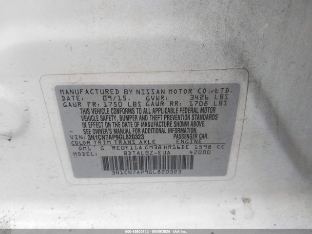 3N1CN7AP9GL820323 Nissan Versa 1.6 S/1.6 S+/1.6 Sl/1.6 Sv