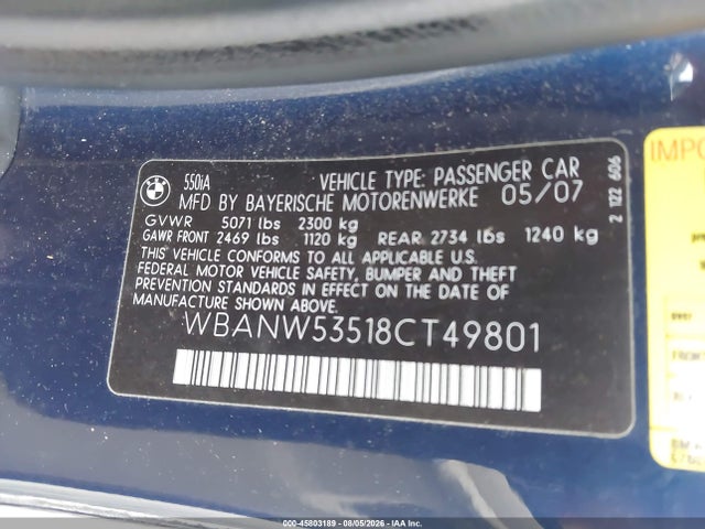 2008 Bmw 550i მანქანა იყიდება აუქციონზე, vin: WBANW53518CT49801, აუქციონის ნომერი: 45803189