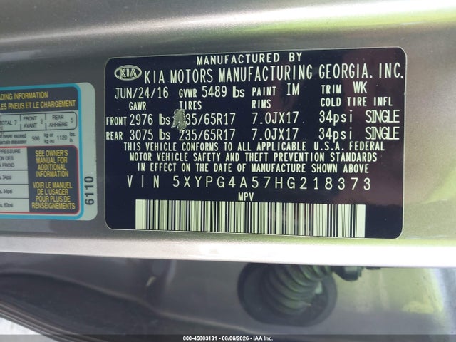 5XYPG4A57HG218373 KIA Sorento 3.3l Lx