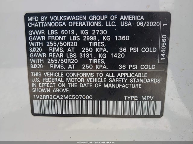 Aukcja sprzedaży 2021 Volkswagen Atlas 3.6l V6 Se W/technology R-line, vin: 1V2RR2CA2MC507000, numer aukcji: 45803198