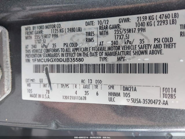 45803214 :رقم المزاد ، 1FMCU9GX0DUB35580 vin ، 2013 Ford Escape Se مزاد بيع