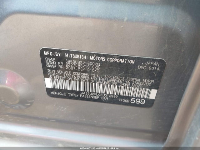 2015 Mitsubishi Lancer Es მანქანა იყიდება აუქციონზე, vin: JA32U2FU0FU012992, აუქციონის ნომერი: 45803215
