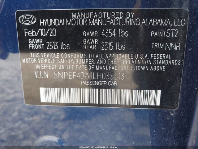 45803233 :رقم المزاد ، 5NPEF4JA1LH035513 vin ، 2020 Hyundai Sonata Sel مزاد بيع