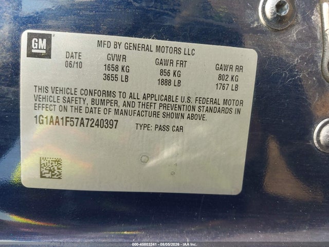 Продажа на аукционе авто 2010 Chevrolet Cobalt Ls, vin: 1G1AA1F57A7240397, номер лота: 45803241