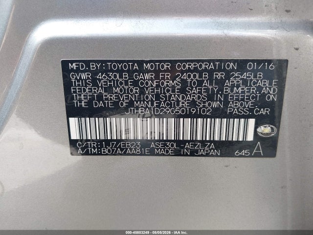 JTHBA1D29G5019102 Lexus IS 200T