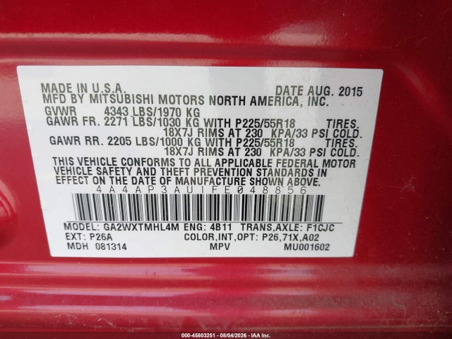 4A4AP3AU1FE048856 Mitsubishi Outlander Sport Es