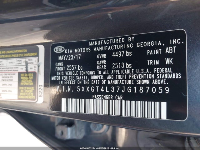 Aukcja sprzedaży 2018 Kia Optima S, vin: 5XXGT4L37JG187059, numer aukcji: 45803254