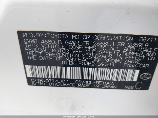 45803266 :رقم المزاد ، JTHBK1EG3B2469703 vin ، 2011 Lexus Es 350 مزاد بيع