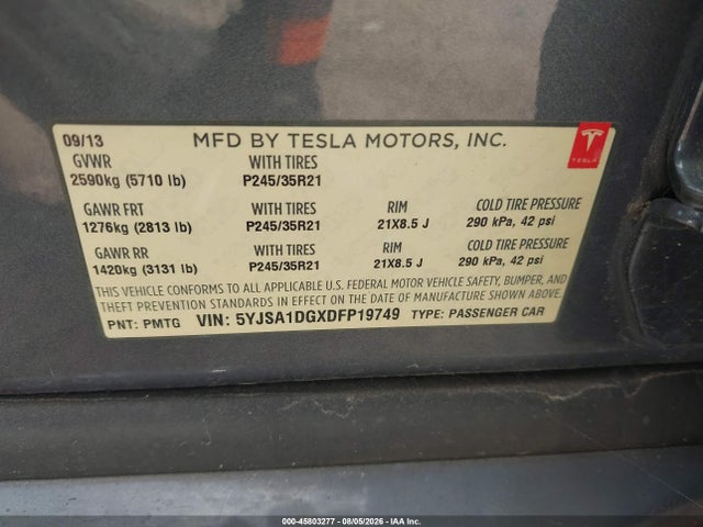 45803277 :رقم المزاد ، 5YJSA1DGXDFP19749 vin ، 2013 Tesla Model S مزاد بيع