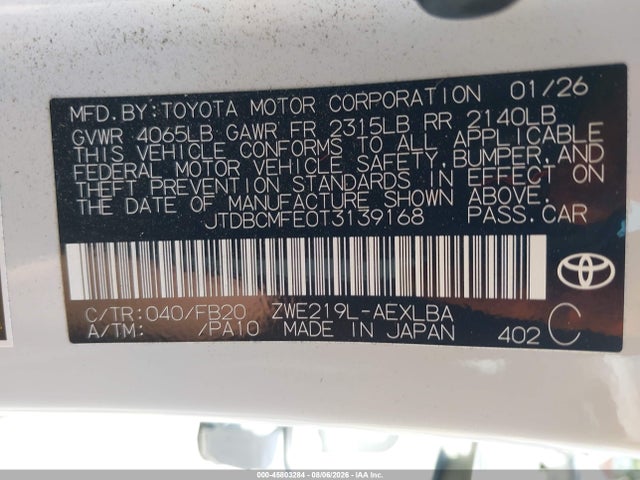 JTDBCMFE0T3139168 Toyota Corolla Hybrid Hybrid Le