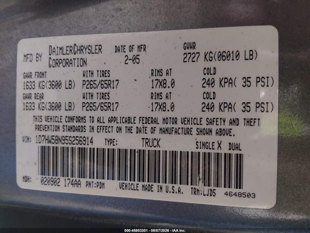 2005 Dodge Dakota Laramie მანქანა იყიდება აუქციონზე, vin: 1D7HW58N95S256914, აუქციონის ნომერი: 45803301