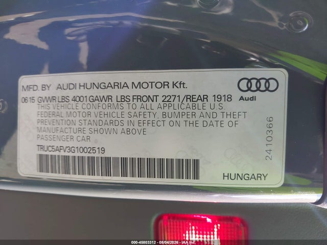 Aukcja sprzedaży 2016 Audi Tt 2.0t, vin: TRUC5AFV3G1002519, numer aukcji: 45803312